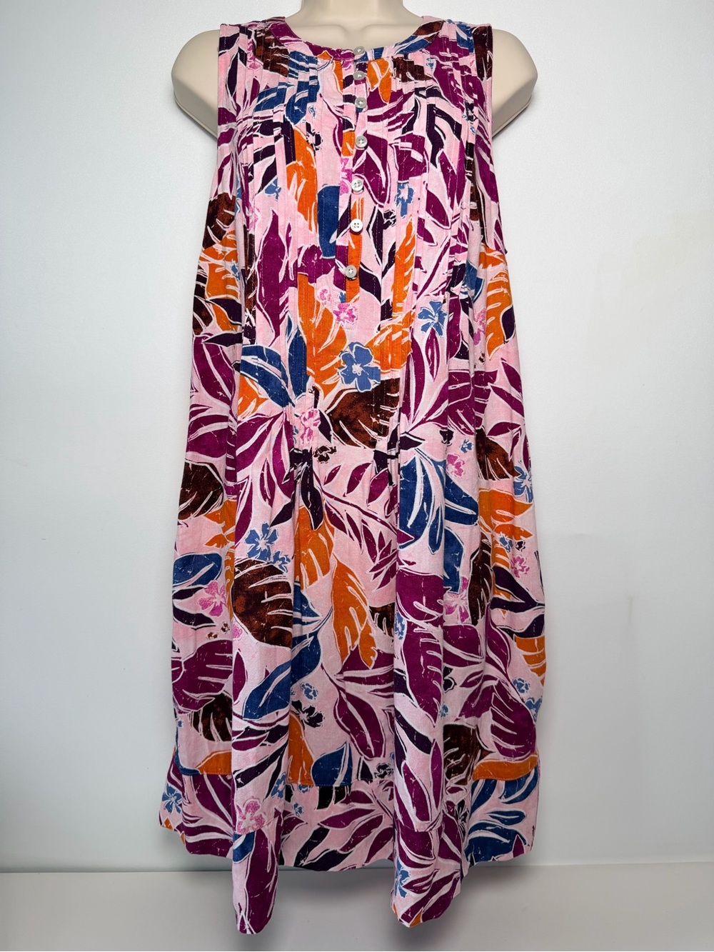 Sonoma Pink Leaf Floral Sleeveless Dress Pockets size OX Women Linen blend comfy